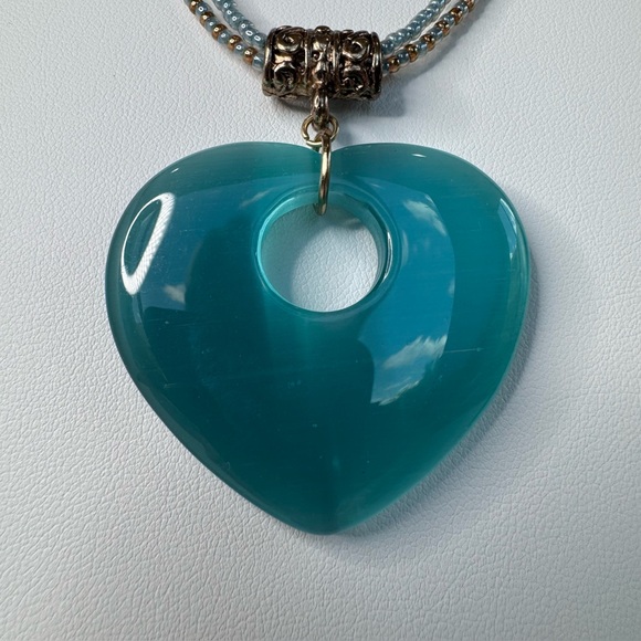 Hand Crafted Blue Glass Heart Pendant Necklace Boho Chic Statement Necklace - Picture 12 of 12